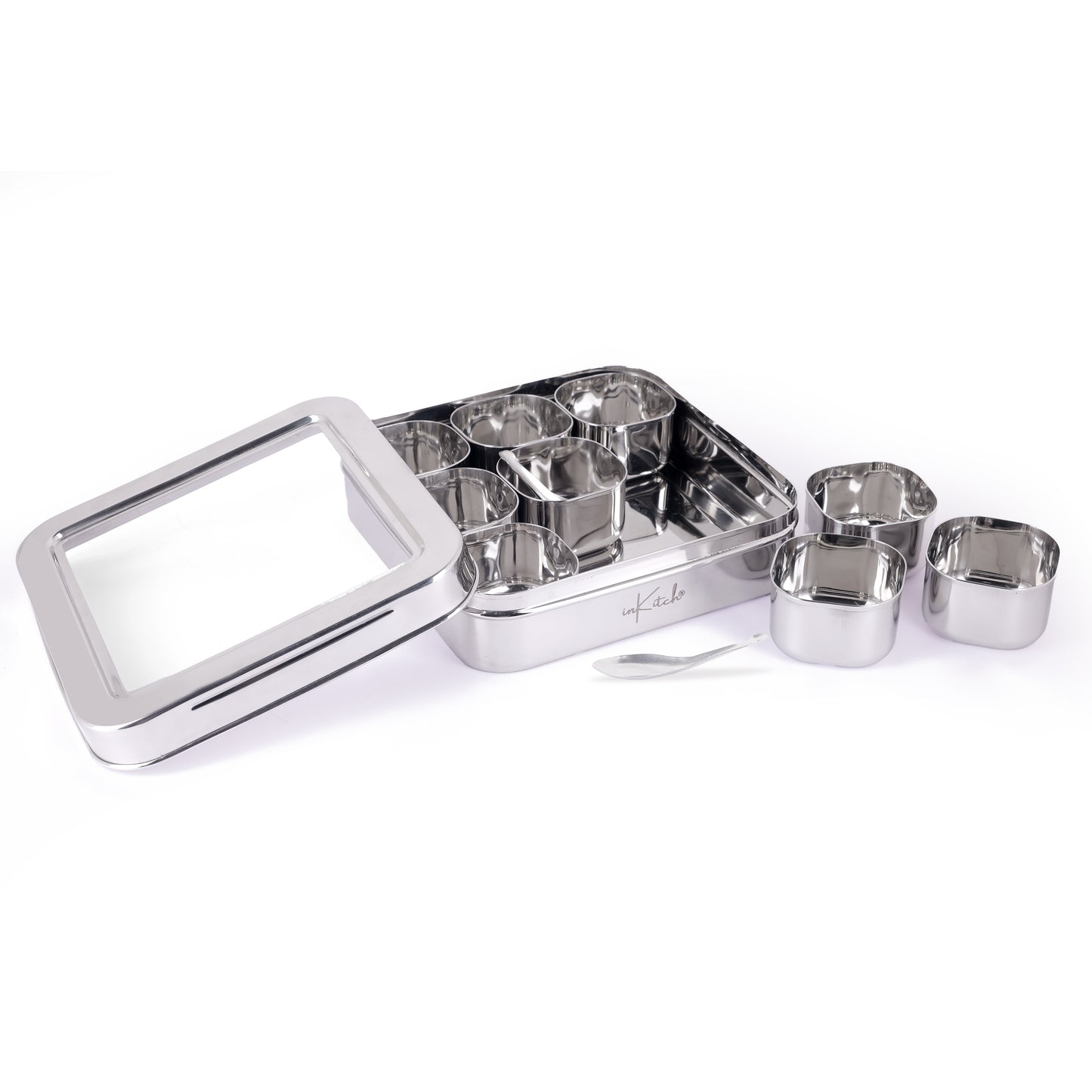 Spice Luxuria : Heavy-Gauge 9 Container Steel Masala Box with 2 Spoons