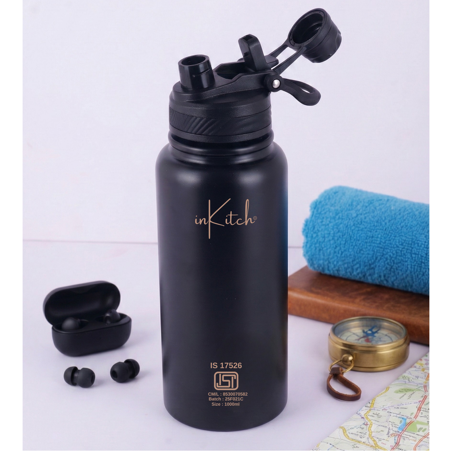 ThermoLock Apex : 2-in-1 Dual-Cap Hot & Cold Steel Flask 1L (Black)