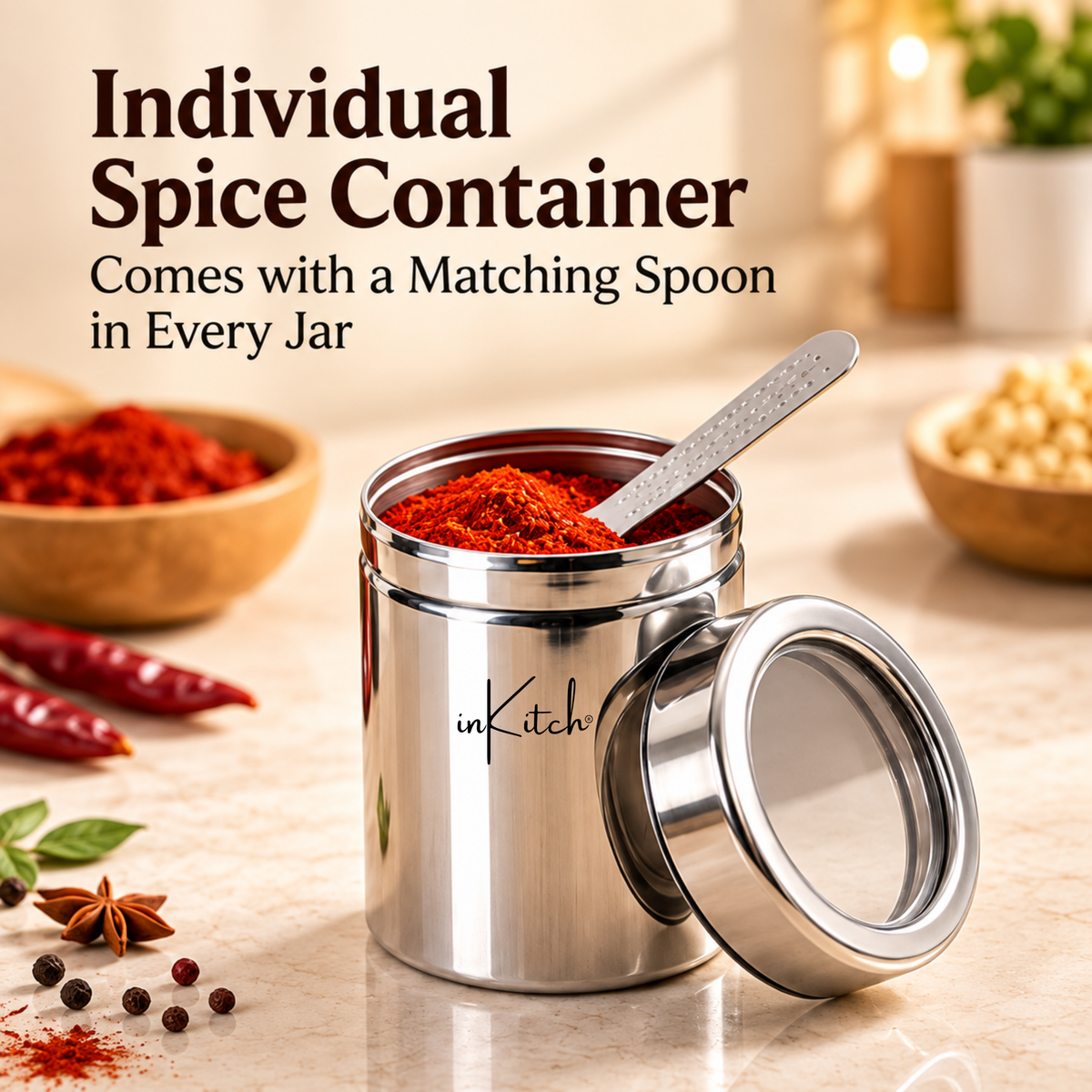 Stainless Steel Belly Shape Kitchen Spice Box | Masala Container | Masala Dani with Individual See Through lid (Spice Tray Set)