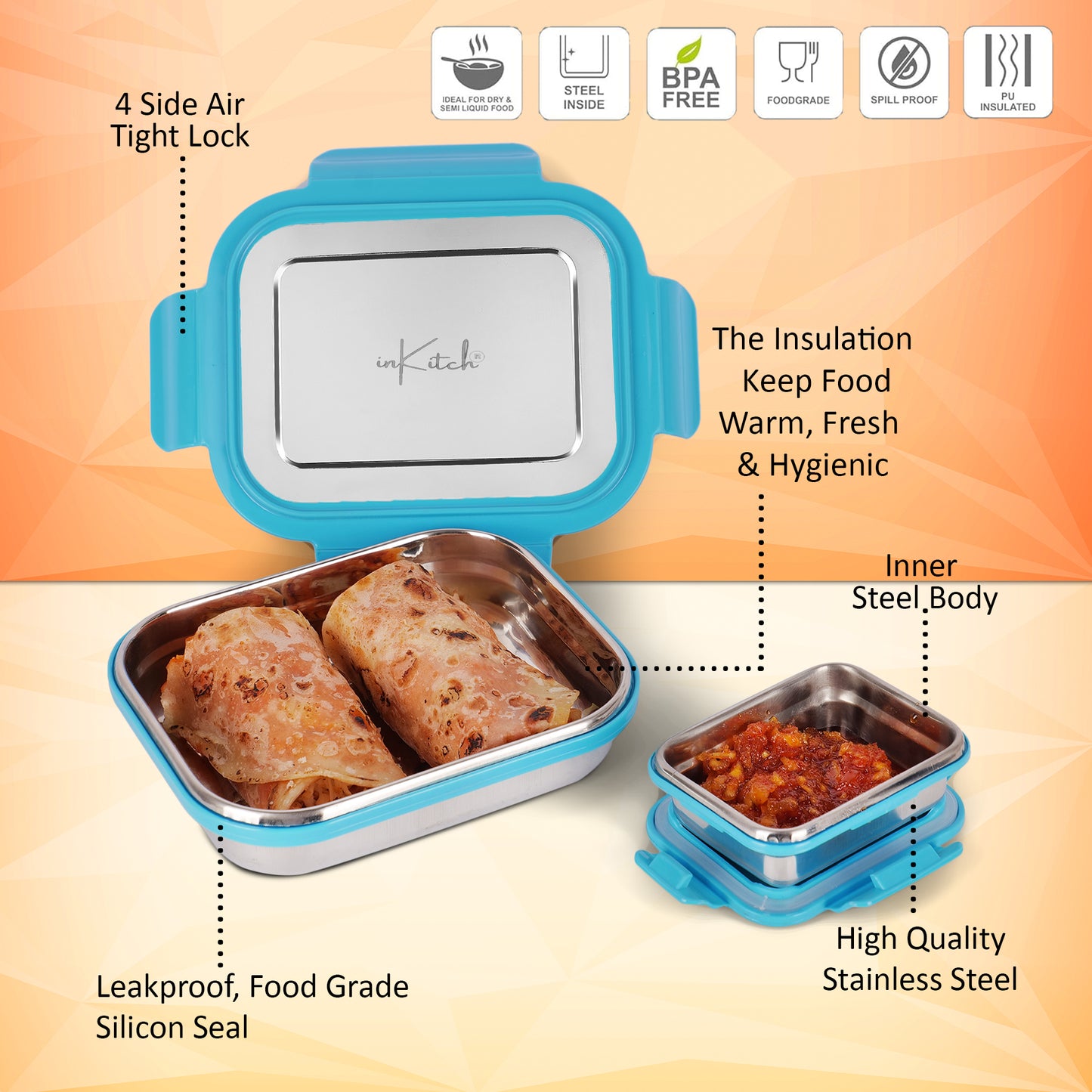 Lunch Box for Kids with 500ml Steel Bottle with Cap, Leak Proof Stainless Steel Tiffin Box Set, Air Tight Food Grade Lunch Box 540ML + 90ML for School Kids Office College Picnic Travel