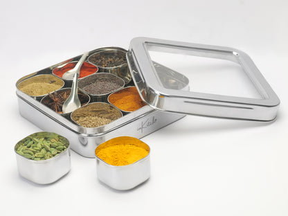 Spice Luxuria : Heavy-Gauge 9 Container Steel Masala Box with 2 Spoons