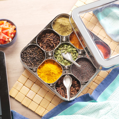 Spice Luxuria : Heavy-Gauge 9 Container Steel Masala Box with 2 Spoons