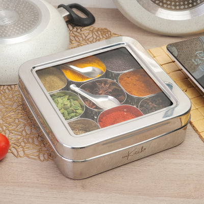 Spice Luxuria : Heavy-Gauge 9 Container Steel Masala Box with 2 Spoons