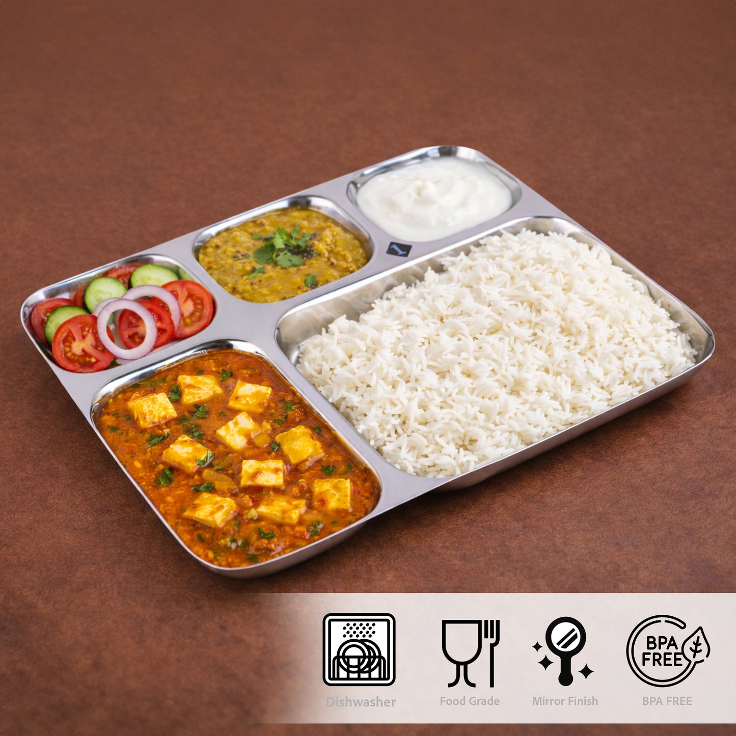 Grand Feast : Steel Dinner Thali Plate 5 in 1