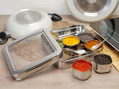 Spice Luxuria : Heavy-Gauge 9 Container Steel Masala Box with 2 Spoons