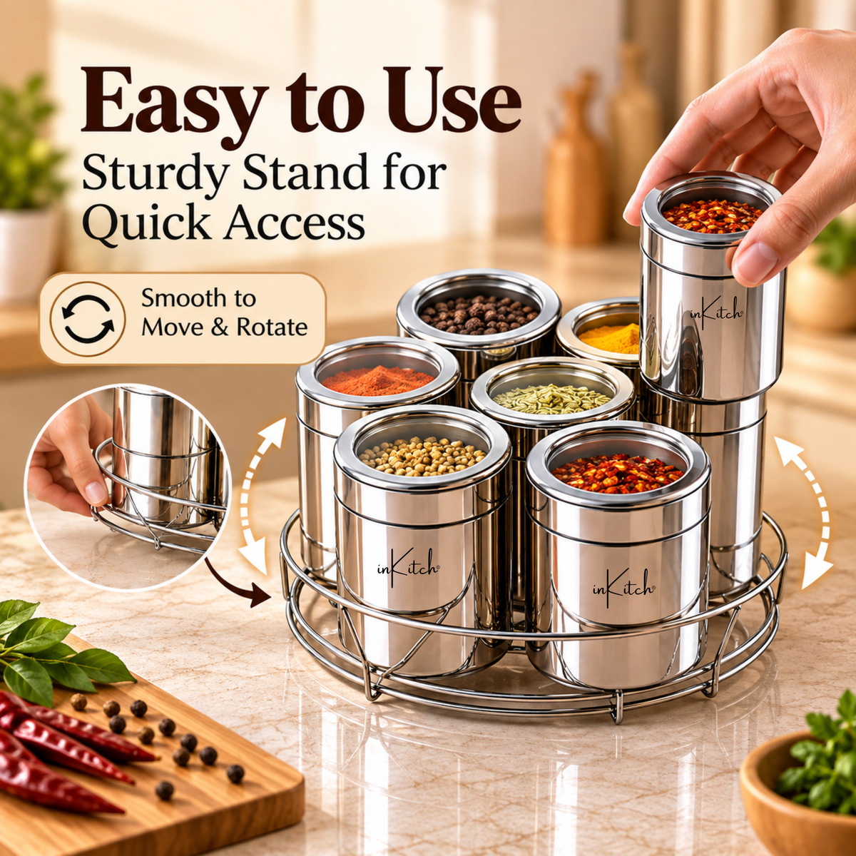 Stainless Steel Belly Shape Kitchen Spice Box | Masala Container | Masala Dani with Individual See Through lid (Spice Tray Set)