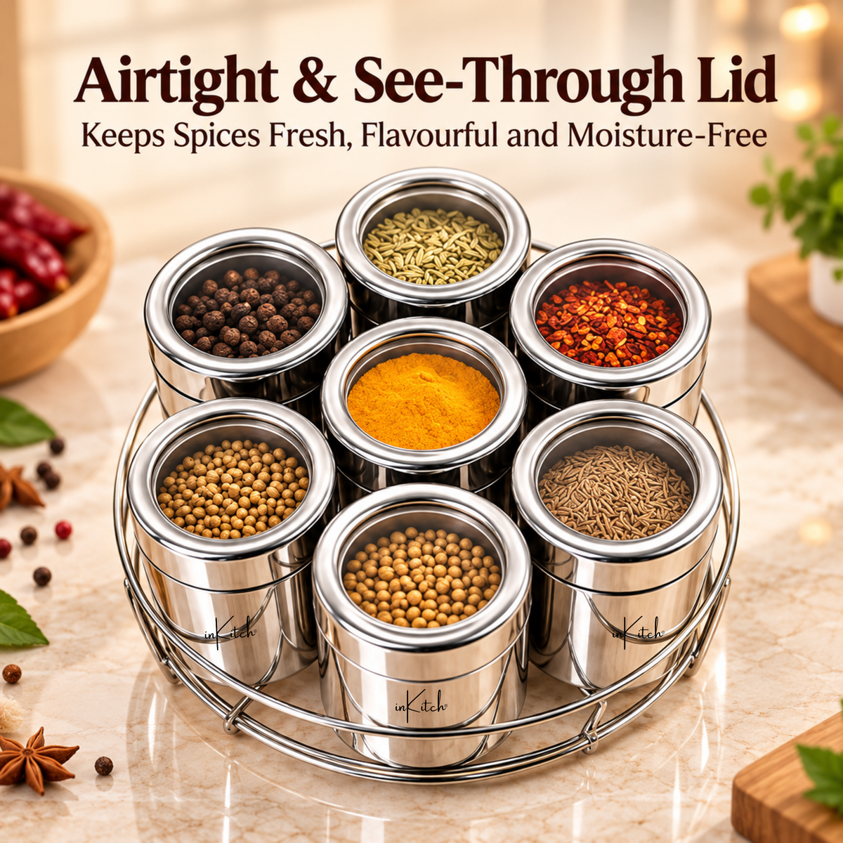 Stainless Steel Belly Shape Kitchen Spice Box | Masala Container | Masala Dani with Individual See Through lid (Spice Tray Set)