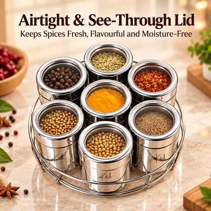 Stainless Steel Belly Shape Kitchen Spice Box | Masala Container | Masala Dani with Individual See Through lid (Spice Tray Set)