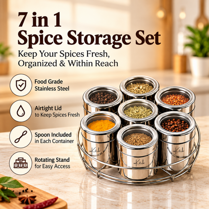 Stainless Steel Belly Shape Kitchen Spice Box | Masala Container | Masala Dani with Individual See Through lid (Spice Tray Set)