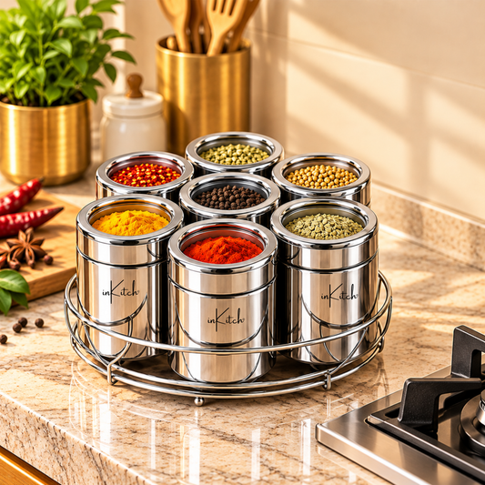 Stainless Steel Belly Shape Kitchen Spice Box | Masala Container | Masala Dani with Individual See Through lid (Spice Tray Set)