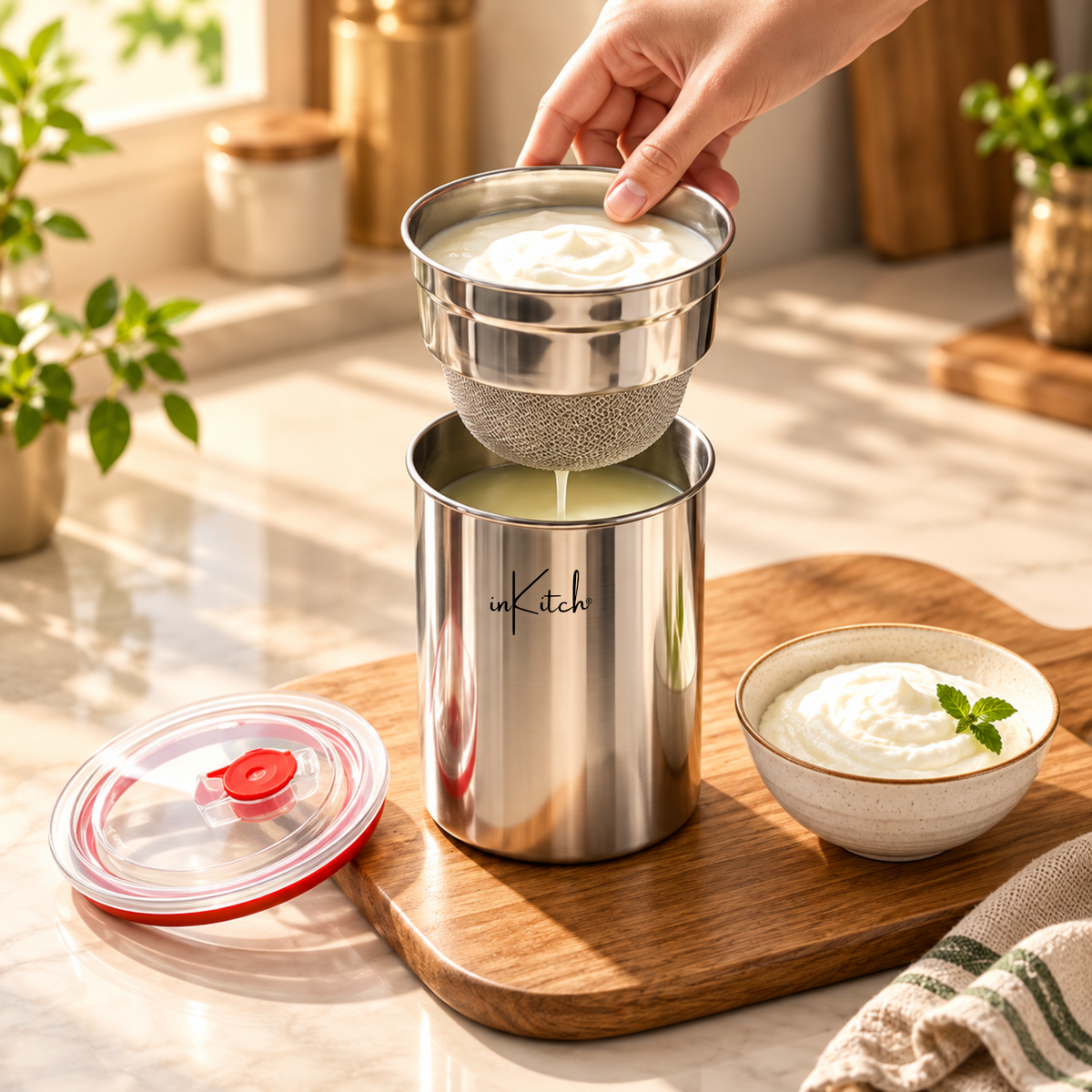 inKitch Stainless Steel Dahi Maker 1000 ml | Fine Mesh Strainer with Airtight Lid Colander