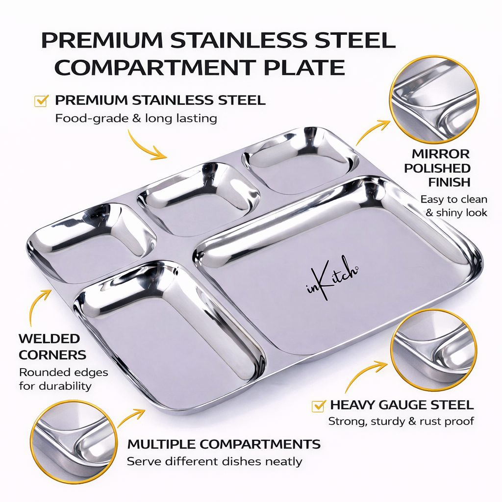 Grand Feast : Steel Dinner Thali Plate 5 in 1