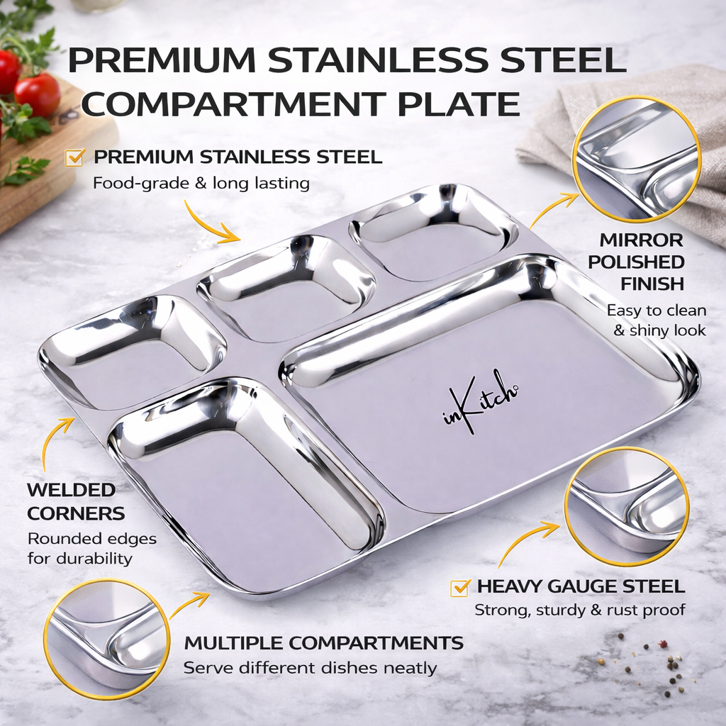 Grand Feast : Steel Dinner Thali Plate 5 in 1