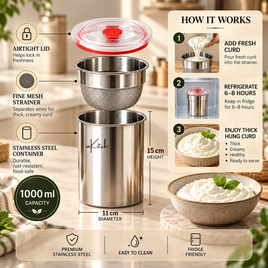 inKitch Stainless Steel Dahi Maker 1000 ml | Fine Mesh Strainer with Airtight Lid Colander