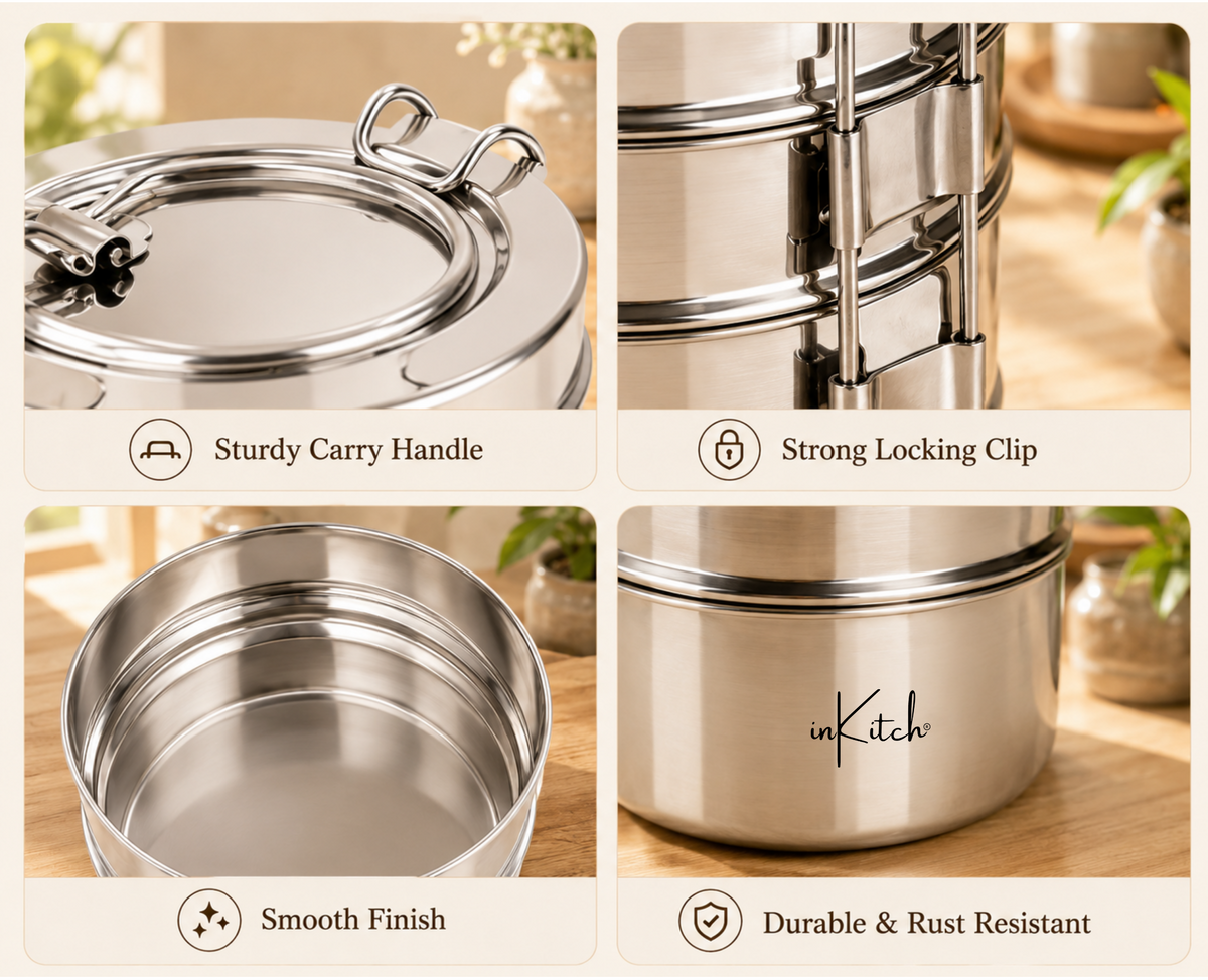 Stainless Steel Lunch Box/Tiffin with Locking Clip