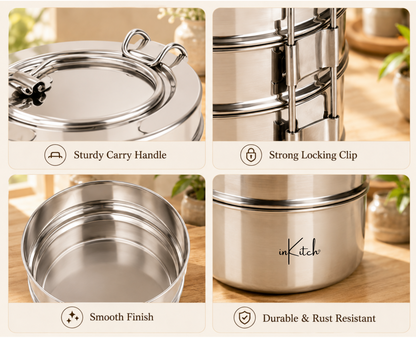 Stainless Steel Lunch Box/Tiffin with Locking Clip