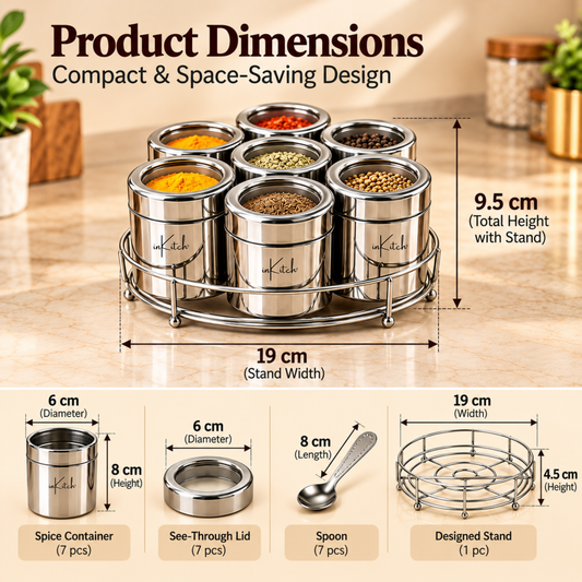 Stainless Steel Belly Shape Kitchen Spice Box | Masala Container | Masala Dani with Individual See Through lid (Spice Tray Set)