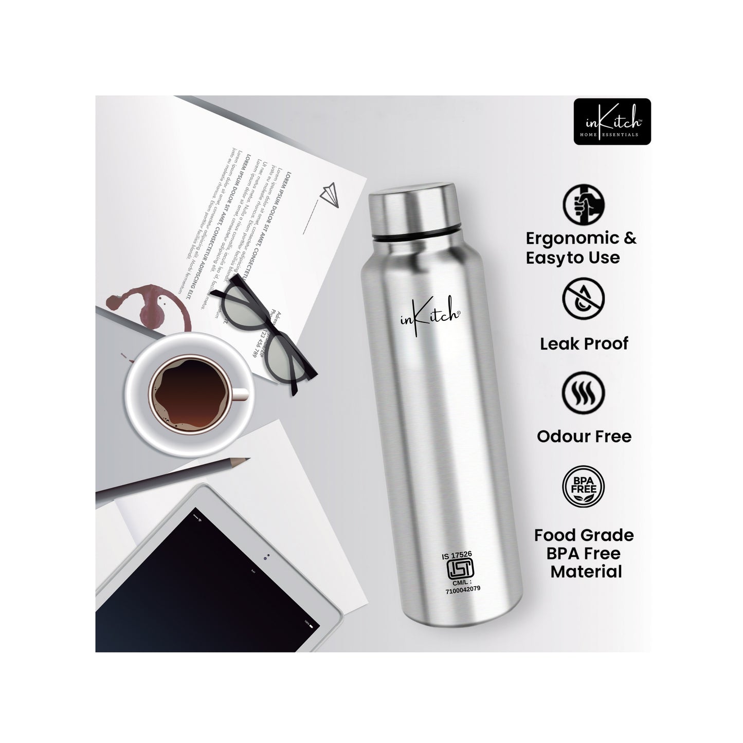 SipMate : Single-Wall Steel Water Bottle 1L (Silver)