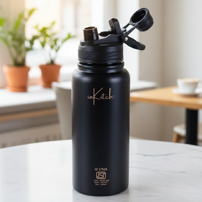 ThermoLock Apex : 2-in-1 Dual-Cap Hot & Cold Steel Flask 1L (Black)