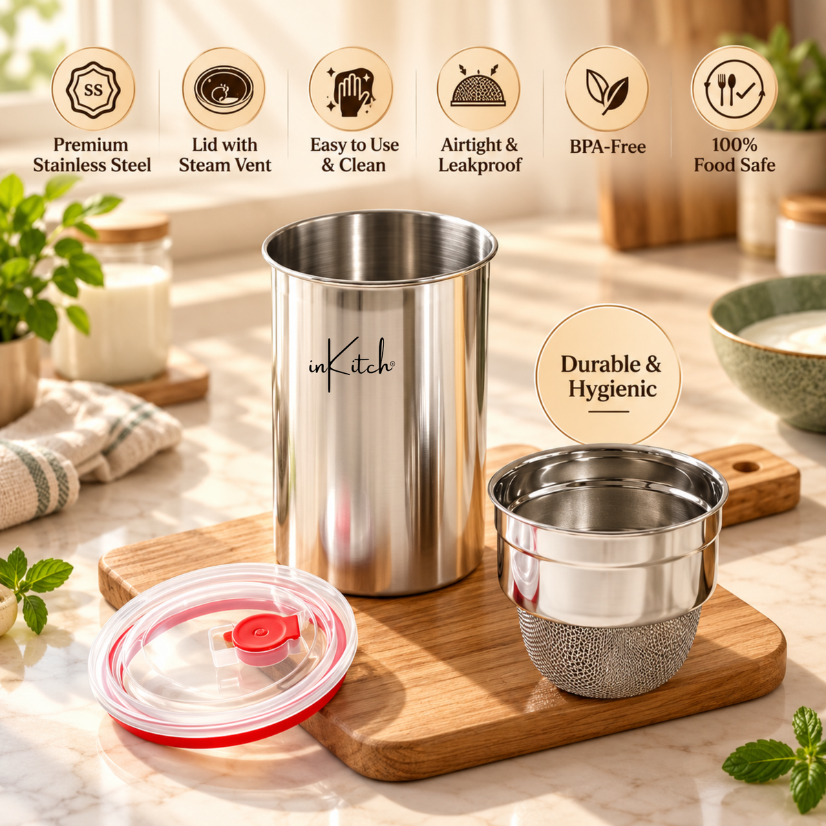 inKitch Stainless Steel Dahi Maker 1000 ml | Fine Mesh Strainer with Airtight Lid Colander