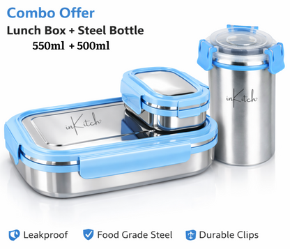Lunch Box for Kids with 500ml Steel Bottle with Cap, Leak Proof Stainless Steel Tiffin Box Set, Air Tight Food Grade Lunch Box 540ML + 90ML for School Kids Office College Picnic Travel