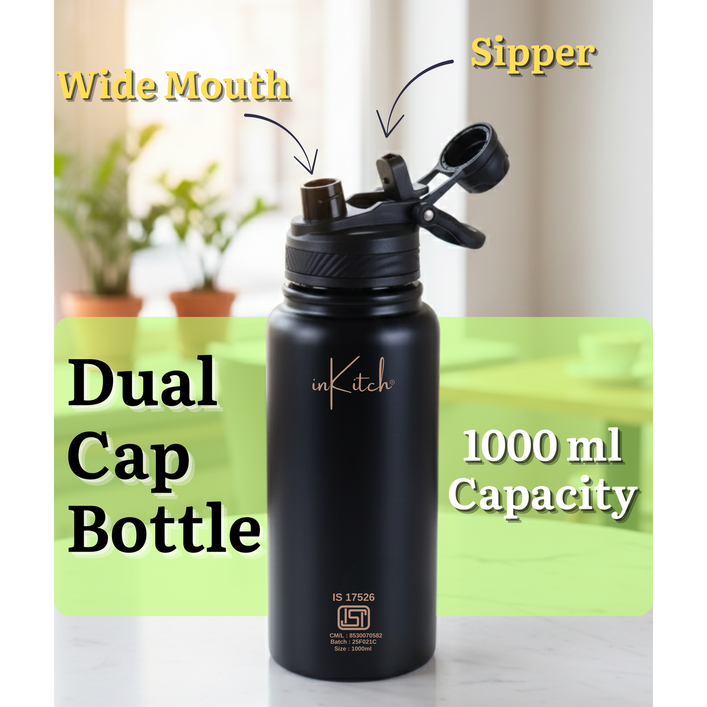 ThermoLock Apex : 2-in-1 Dual-Cap Hot & Cold Steel Flask 1L (Black)