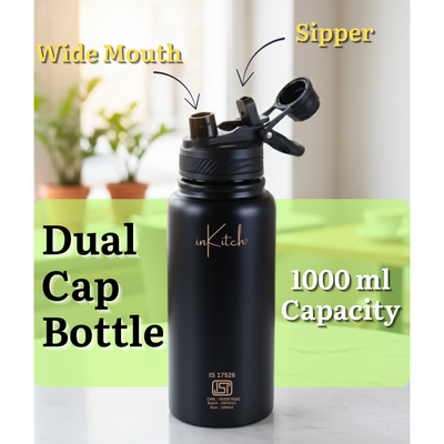 ThermoLock Apex : 2-in-1 Dual-Cap Hot & Cold Steel Flask 1L (Black)