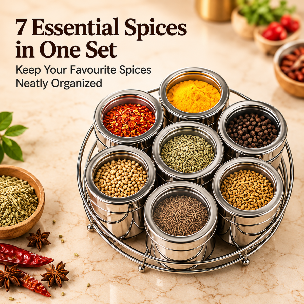Stainless Steel Belly Shape Kitchen Spice Box | Masala Container | Masala Dani with Individual See Through lid (Spice Tray Set)