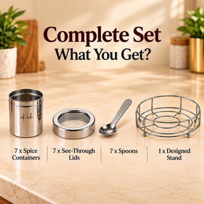 Stainless Steel Belly Shape Kitchen Spice Box | Masala Container | Masala Dani with Individual See Through lid (Spice Tray Set)