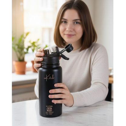 ThermoLock Apex : 2-in-1 Dual-Cap Hot & Cold Steel Flask 1L (Black)