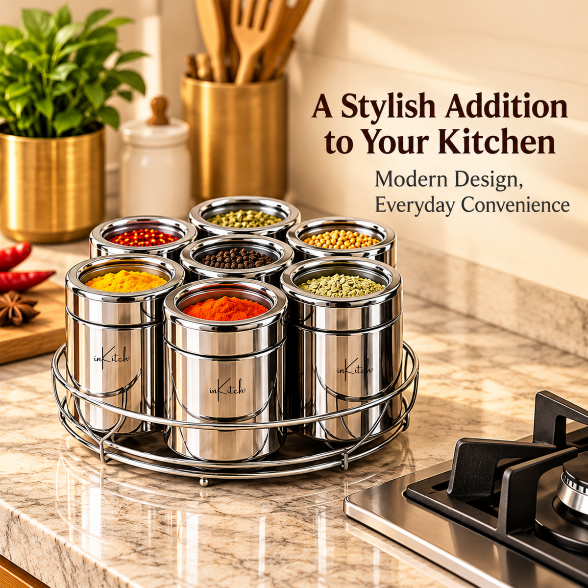 Stainless Steel Belly Shape Kitchen Spice Box | Masala Container | Masala Dani with Individual See Through lid (Spice Tray Set)