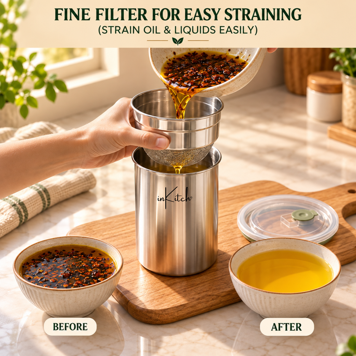 inKitch Stainless Steel Dahi Maker 1000 ml | Fine Mesh Strainer with Airtight Lid Colander