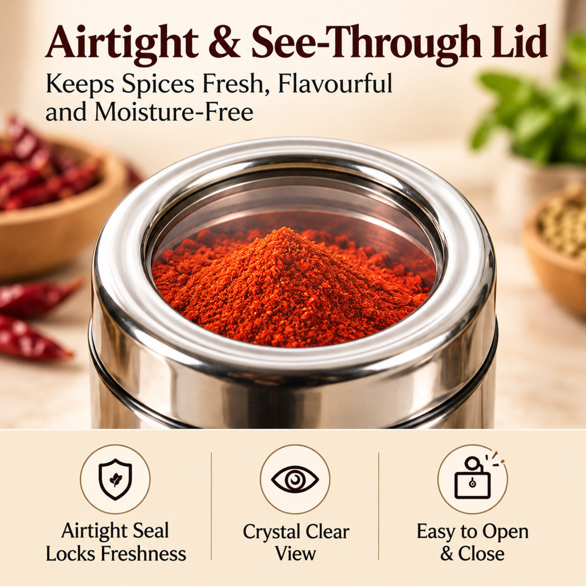 Stainless Steel Belly Shape Kitchen Spice Box | Masala Container | Masala Dani with Individual See Through lid (Spice Tray Set)