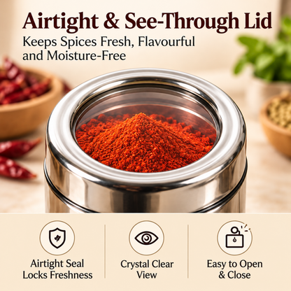 Stainless Steel Belly Shape Kitchen Spice Box | Masala Container | Masala Dani with Individual See Through lid (Spice Tray Set)