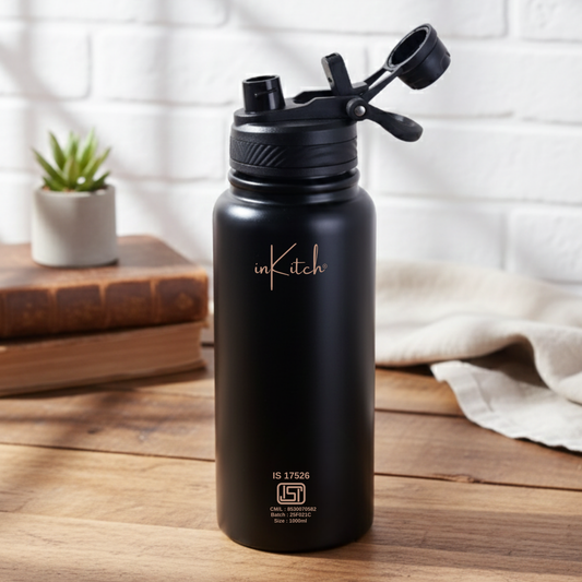 ThermoLock Apex : 2-in-1 Dual-Cap Hot & Cold Steel Flask 1L (Black)