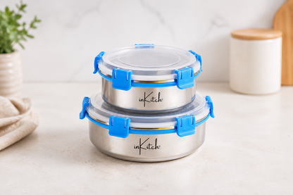 FreshLock Combo : Airtight Round Steel Containers 800ml + 1300ml