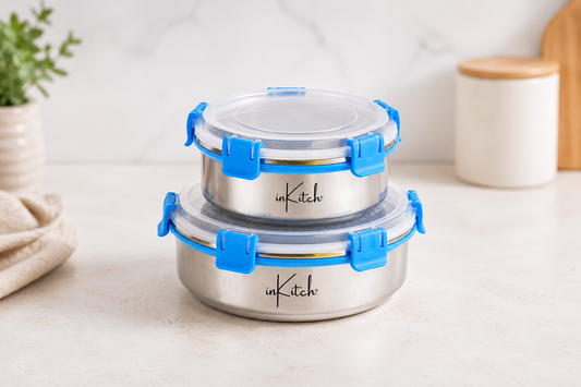 FreshLock Combo : Airtight Round Steel Containers 800ml + 1300ml