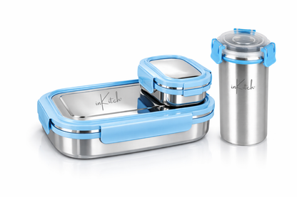 Lunch Box for Kids with 500ml Steel Bottle with Cap, Leak Proof Stainless Steel Tiffin Box Set, Air Tight Food Grade Lunch Box 540ML + 90ML for School Kids Office College Picnic Travel