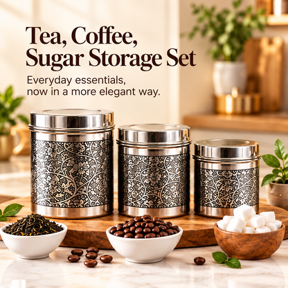 inKitch Stainless Steel Tea Coffee & Sugar Container  - 800 ml, 600 ml, 400 ml (Pack of 3, Silver)