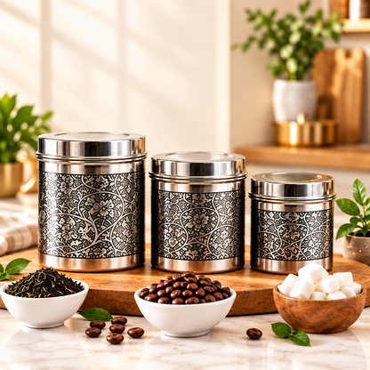 inKitch Stainless Steel Tea Coffee & Sugar Container  - 800 ml, 600 ml, 400 ml (Pack of 3, Silver)
