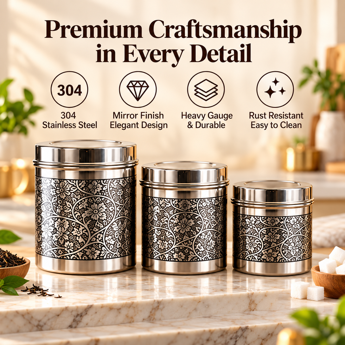 inKitch Stainless Steel Tea Coffee & Sugar Container  - 800 ml, 600 ml, 400 ml (Pack of 3, Silver)