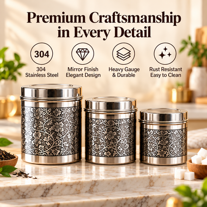 inKitch Stainless Steel Tea Coffee & Sugar Container  - 800 ml, 600 ml, 400 ml (Pack of 3, Silver)