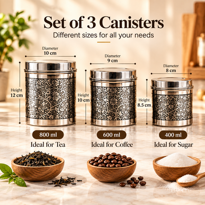 inKitch Stainless Steel Tea Coffee & Sugar Container  - 800 ml, 600 ml, 400 ml (Pack of 3, Silver)