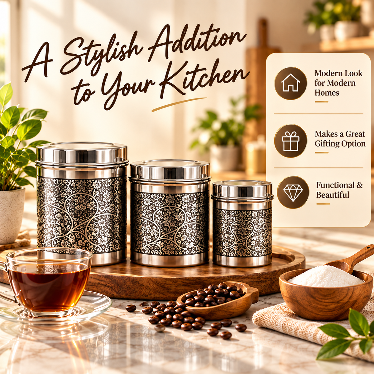 inKitch Stainless Steel Tea Coffee & Sugar Container  - 800 ml, 600 ml, 400 ml (Pack of 3, Silver)