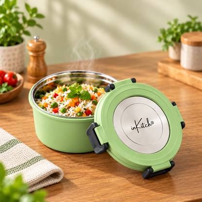 inKitch Microwave-Safe Stainless Steel Lunch Box with Leakproof Airtight Lid – 300ml