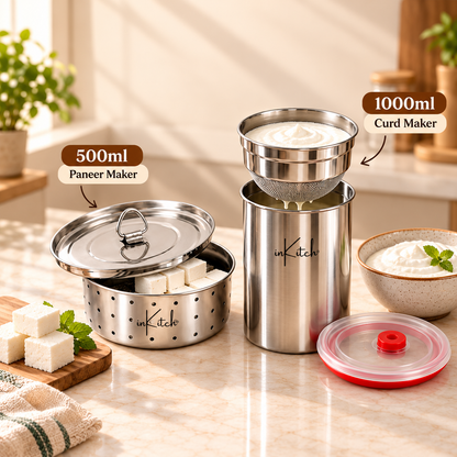 inKitch Stainless Steel Paneer Maker 500 ml & Curd Maker 1000 ml Combo Yogurt Maker (Silver)