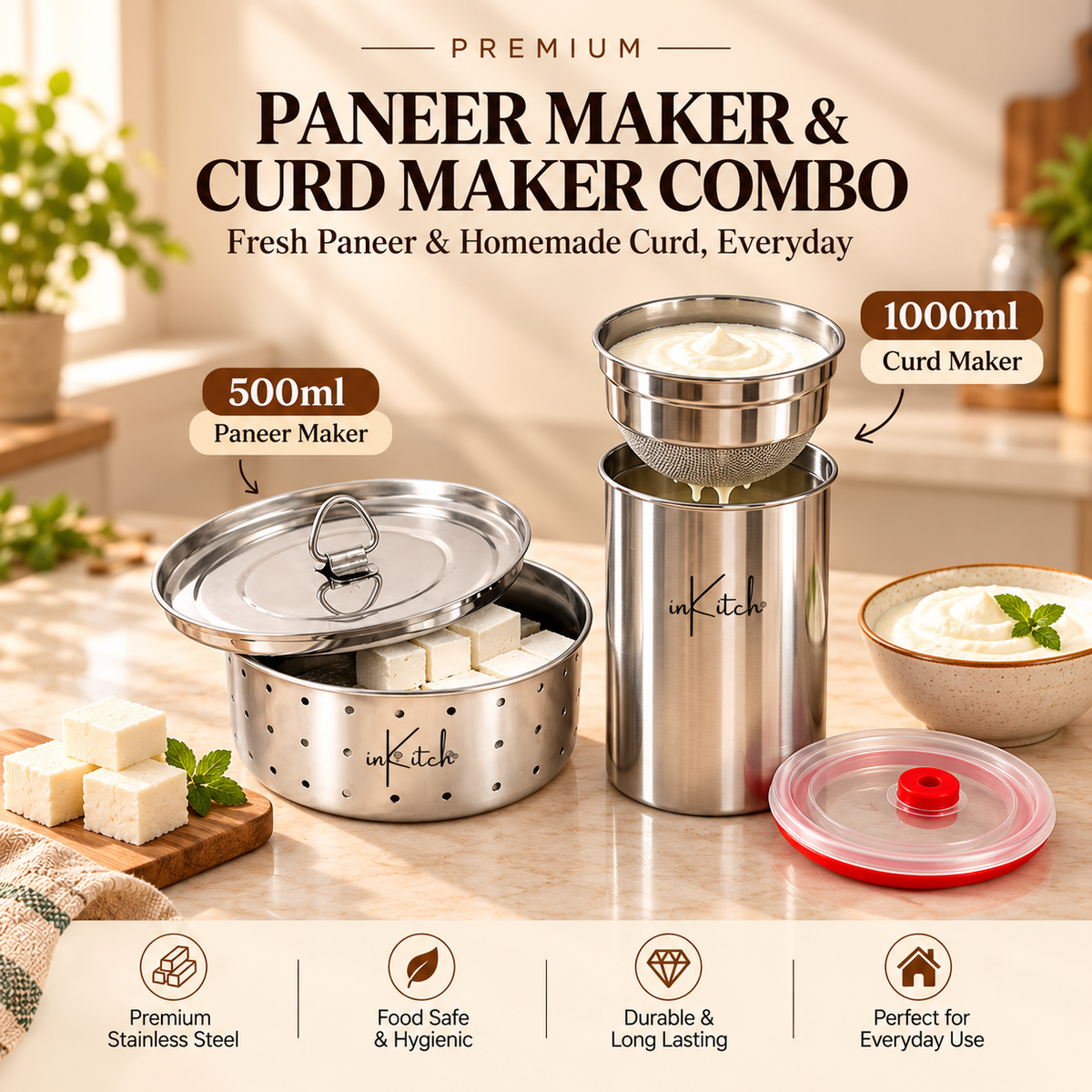 inKitch Stainless Steel Paneer Maker 500 ml & Curd Maker 1000 ml Combo Yogurt Maker (Silver)
