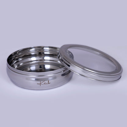 PuriMate Clear : Steel Puri Dabba with See Through Glass Lid