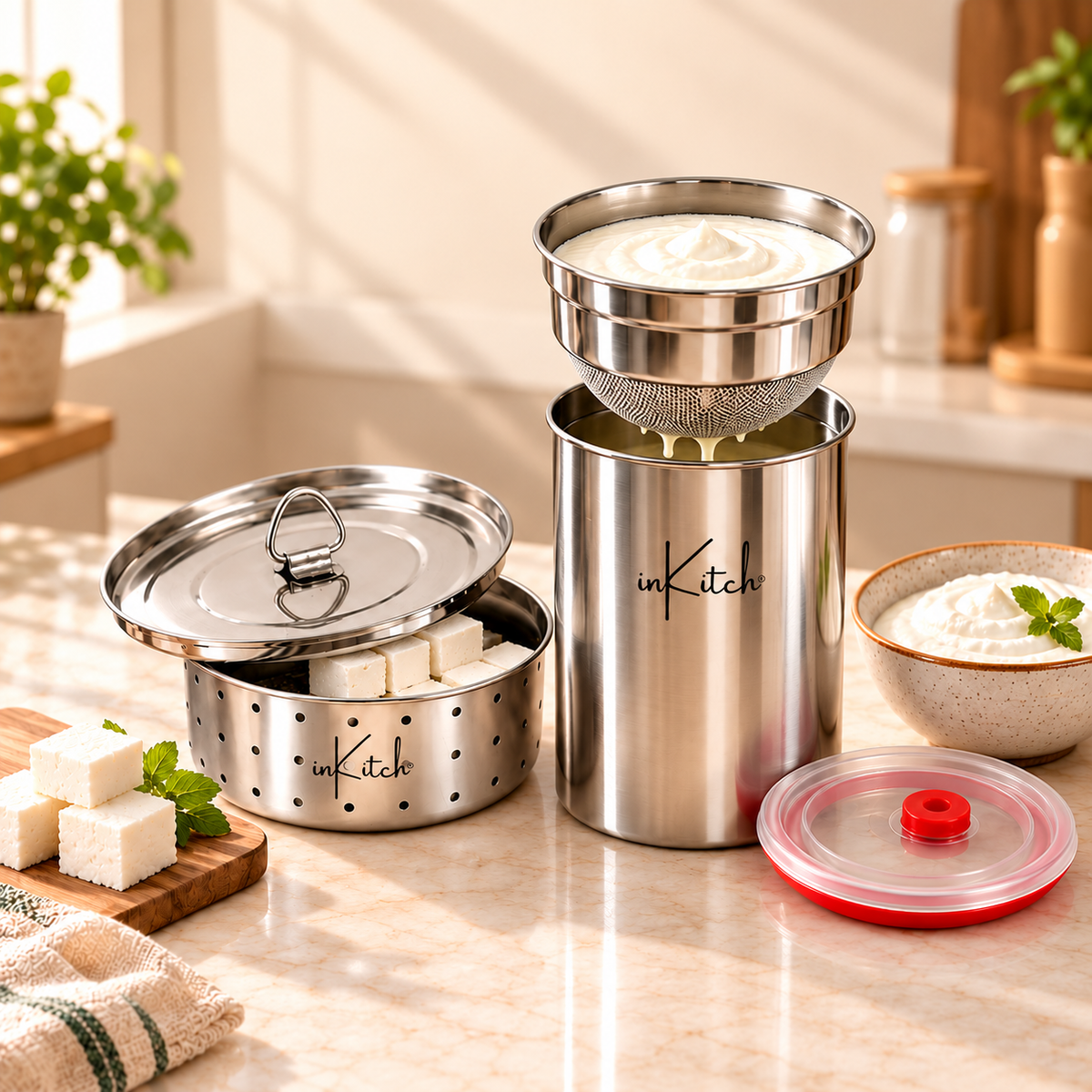 inKitch Stainless Steel Paneer Maker 500 ml & Curd Maker 1000 ml Combo Yogurt Maker (Silver)