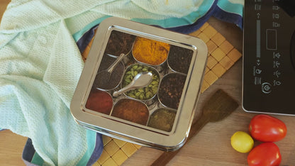 Spice Luxuria : Heavy-Gauge 9 Container Steel Masala Box with 2 Spoons
